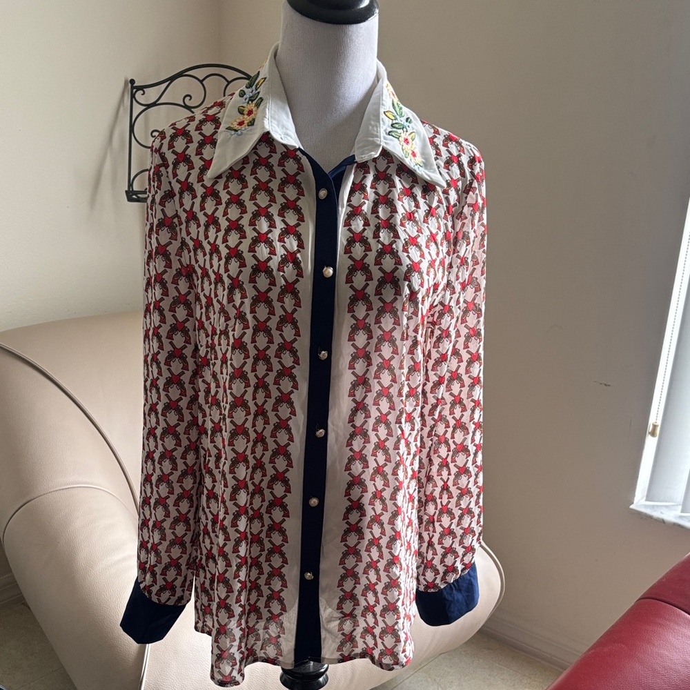 Beulah Red and White Printed Button-Up Blouse with Embroidered Collar
